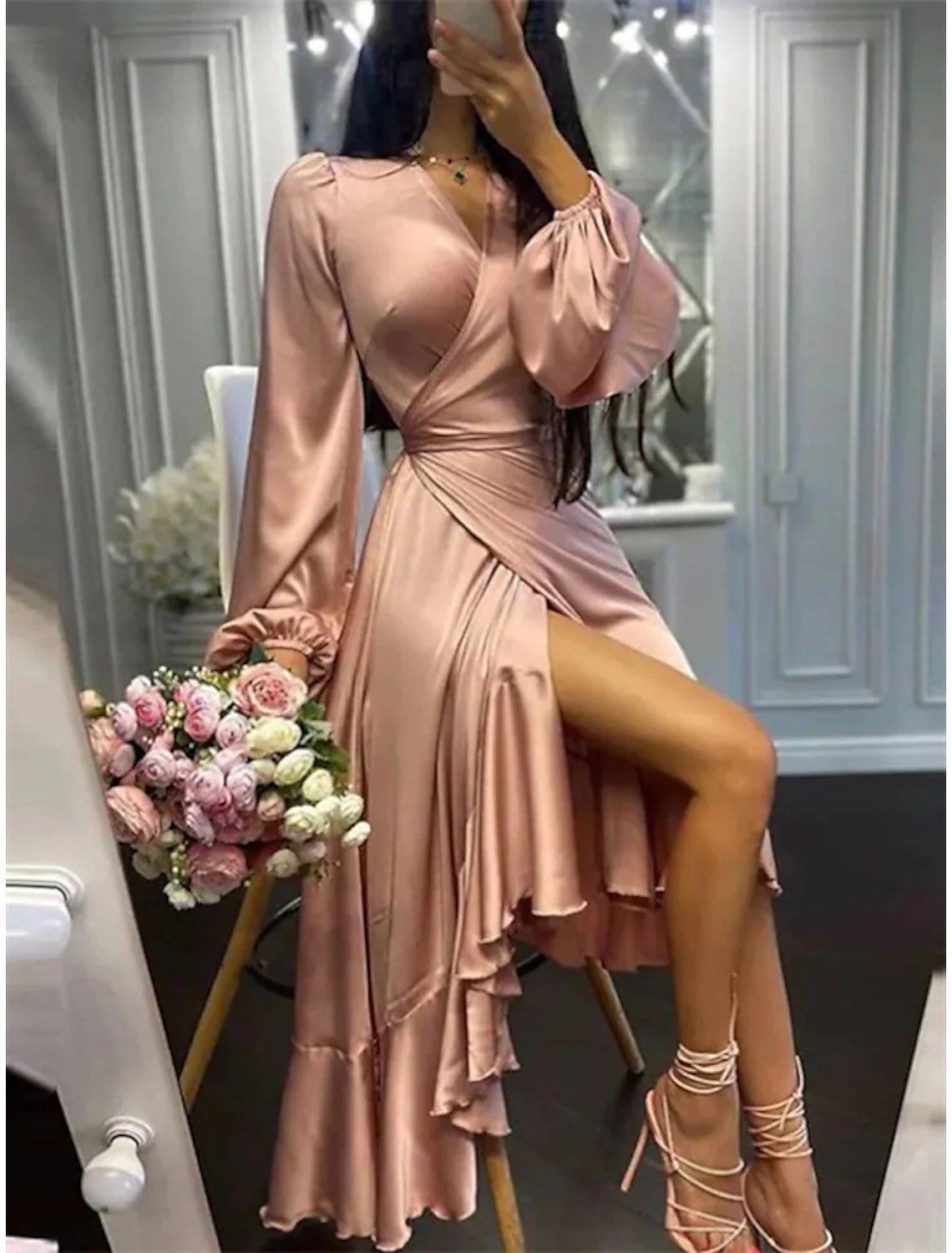 Wholesale A-Line Wedding Guest Dresses High Low Dress Party Wear Semi Formal Asymmetrical Long Sleeve V Neck Satin with Ruffles Pure Color